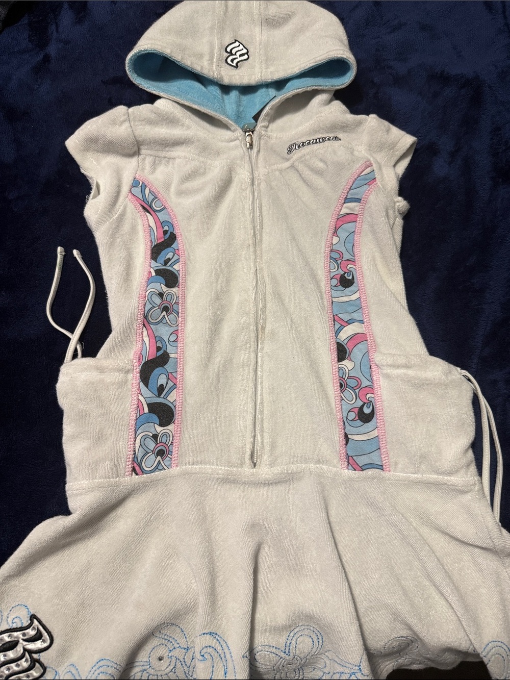 VINTAGE RocaWear White Hooded Terry Dress with Pink & Blue Accents Girls Size L